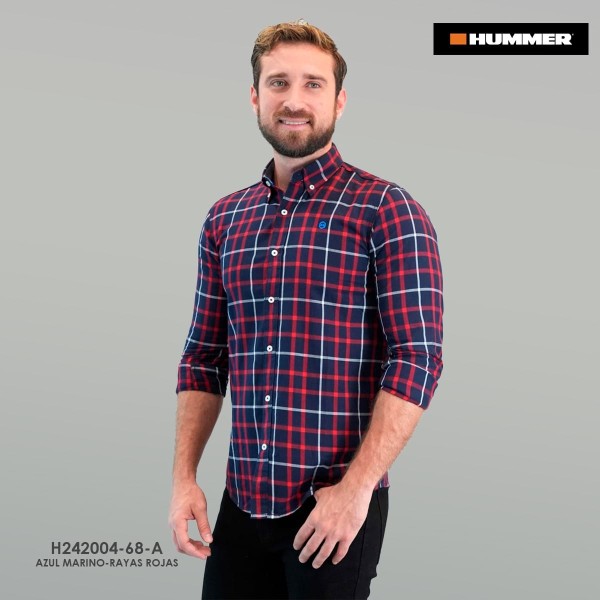 CAMISA ML HUMMER  0468A AZUL MARINO/CUADROS ROJO
