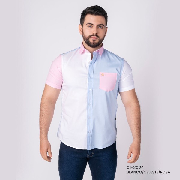 CAMISA NAPOLEON NA-01-2024 BLANCO/CELESTE/ROSA